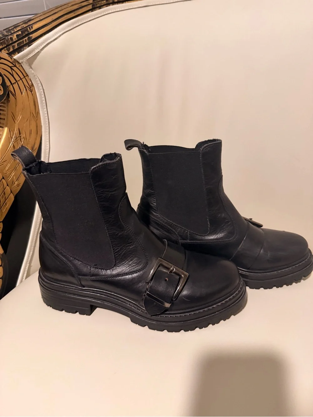 Black Chunky Leather Buckle Boots